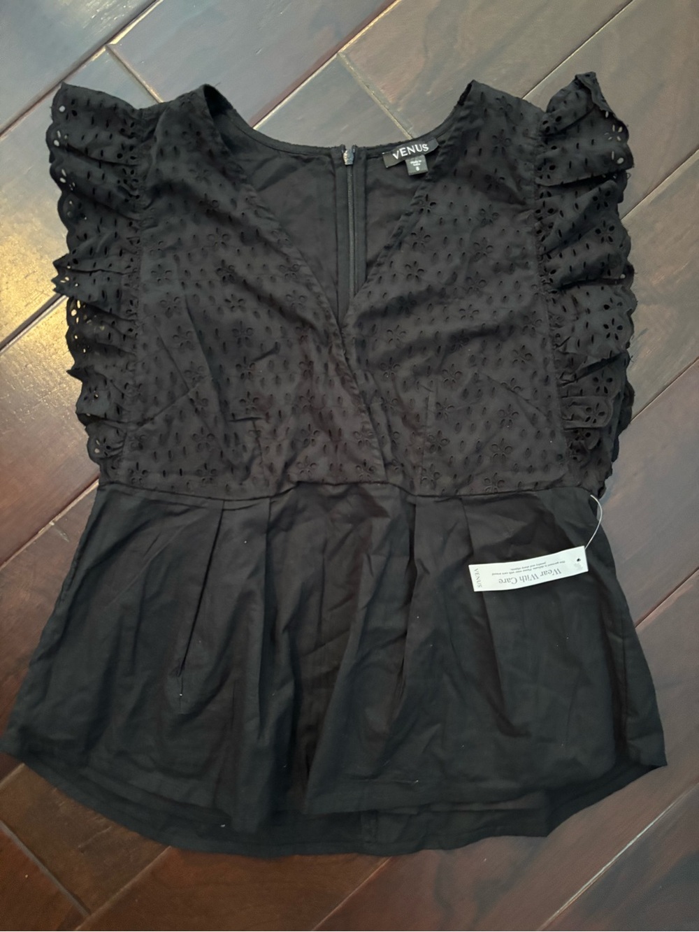 VENUS Black Eyelet Ruffle Sleeve Blouse size 8 NWOT